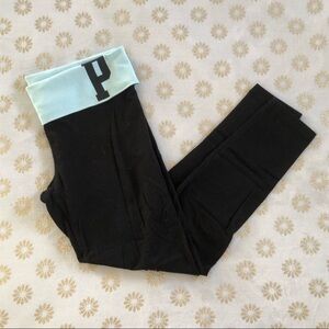 PINK Victoria’s Secret Black and Light Blue Foldover Leggings